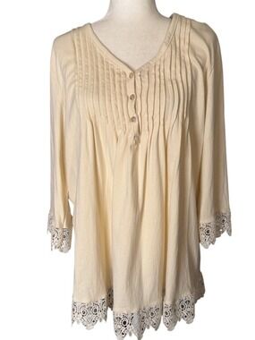 Lace Trim Adrian Diafield V-Neck Pintuck Top Cream